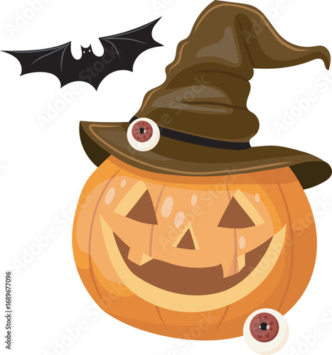 Halloween orange pumpkin with hat, bat and red eyes