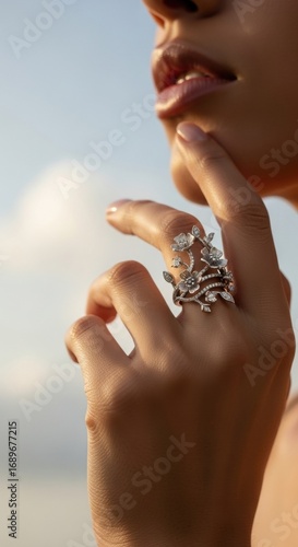 Elegant Floral Ring: Hand and Lips, Soft Lighting, Jewelry, Beauty, Close-up.