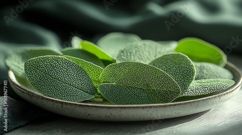 Plate fresh green sage leaves soft fabric backdrop and subtle lighting herb