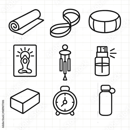 Outdoor Yoga Essentials. Outline style icon of Outdoor Yoga Session: yoga mat, stretch strap, meditation cushion, water flask,