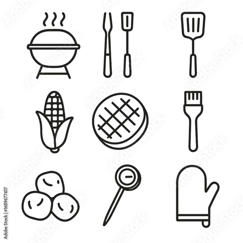 Barbecue Essentials Iconset. Outline style icon of Barbecue Cookout Gear: charcoal grill, grill tongs, spatula turner, corn cob,