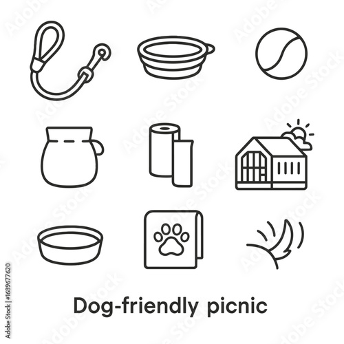 Dog Picnic Essentials. Outline style icon of Dog-Friendly Picnic: dog leash, collapsible bowl, fetch ball, treat pouch, poop bag