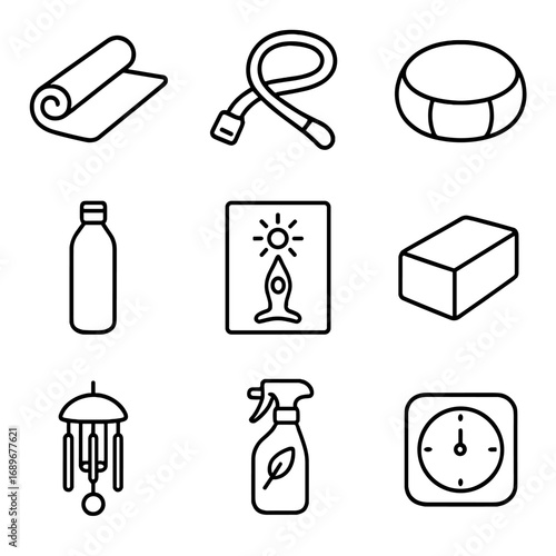 Outdoor Yoga Essentials. Outline style icon of Outdoor Yoga Session: yoga mat, stretch strap, meditation cushion, water flask,