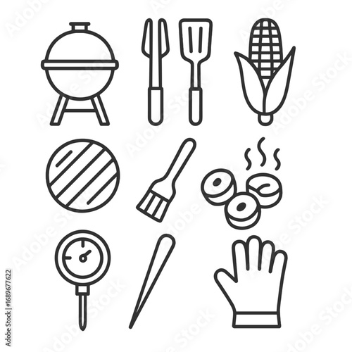 Barbecue Essentials Iconset. Outline style icon of Barbecue Cookout Gear: charcoal grill, grill tongs, spatula turner, corn cob,