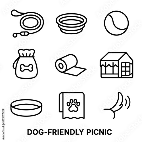 Dog Picnic Essentials. Outline style icon of Dog-Friendly Picnic: dog leash, collapsible bowl, fetch ball, treat pouch, poop bag