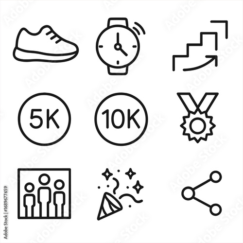 Step Tracking Icons. Outline style icon of Step-Counting Goals: step shoe icon, hourly buzz reminder, staircase arrow, 5k badge,
