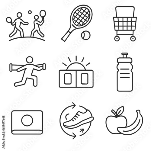 Morning Fitness Icons. Outline style icons of Morning Fitness: dawn tennis rally, tennis racket swing, ball basket cart, dynamic