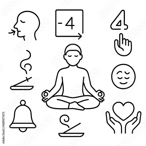 Breathing & Meditation Icons. Outline style icon of Breathing & Meditation Cooldown: seated pose, nasal inhale icon, counted