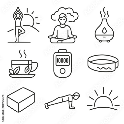 Morning Fitness Icons. Outline style icons of Morning Fitness: outdoor sunrise yoga tree pose, meditation breathing cloud,