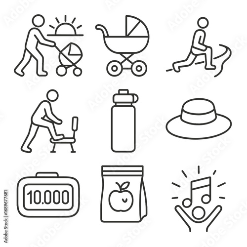 Morning Workout Icons. Outline style icons of Morning Fitness: dawn stroller fitness push, baby carriage icon, walking lunge path,