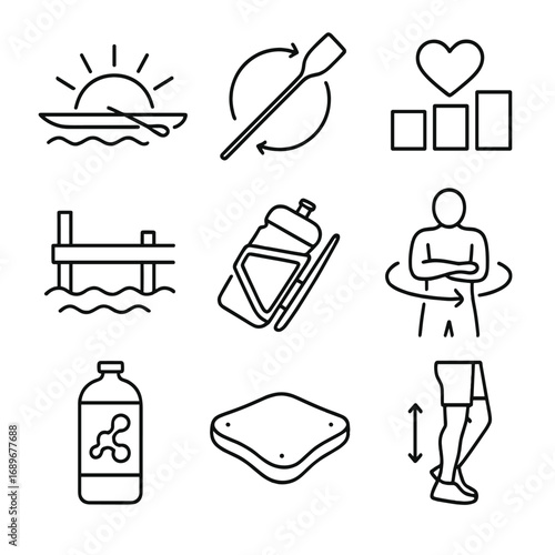 Morning Fitness Icons. Outline style icons of Morning Fitness: sunrise rowing scull, oar stroke motion, heart-rate zone strip,