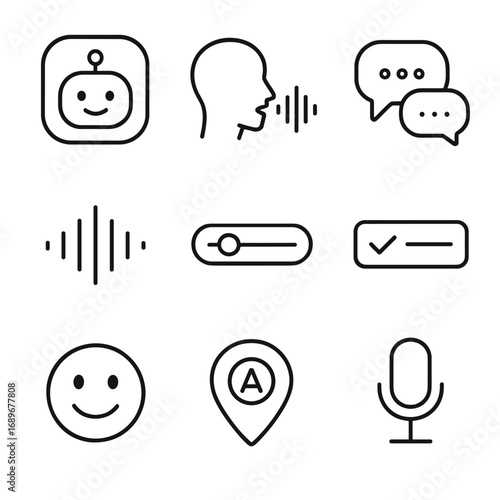 Mobile Design Icons. Outline style icons of Mobile Design: AI assistant spark, voice command wave, NLP chat bubbles, speech output
