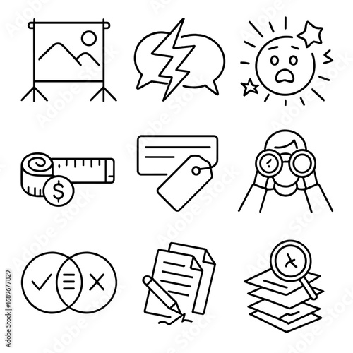 Misinformation Icons Collection. Outline style icons of Misinformation: staged photo backdrop, rumor resistor zigzag, sensational