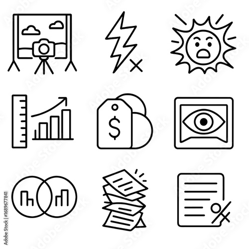 Misinformation Icons Collection. Outline style icons of Misinformation: staged photo backdrop, rumor resistor zigzag, sensational