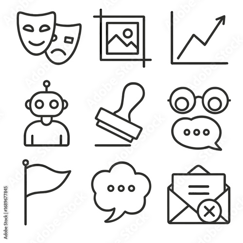 Misinformation Icons Set. Outline style icons of Misinformation: deepfake theatre mask, manipulated photo crop, misleading line