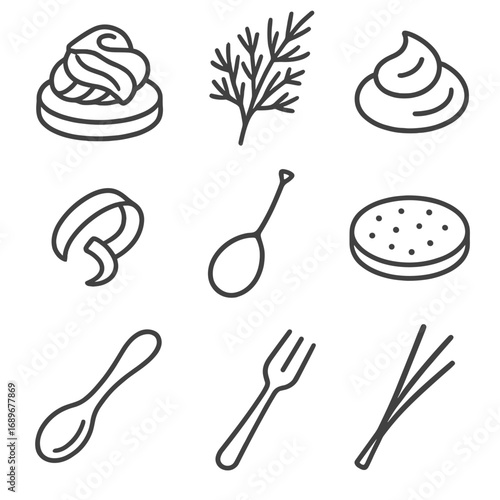 Appetizer Icon Set. Outline style icons of Mini Appetizers: smoked salmon blini, dill sprig, crème fraîche dollop, lemon zest
