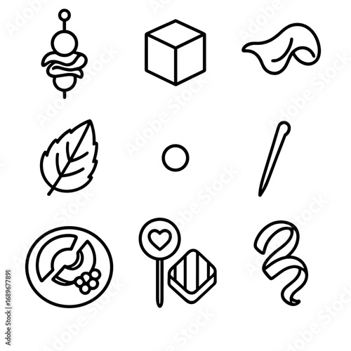 Mini Appetizer Icons. Outline style icons of Mini Appetizers: melon prosciutto skewer, cantaloupe cube, prosciutto ribbon, mint