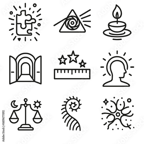 Icons of Mind Expansion. Outline style icons of Mind Expansion: abstract puzzle burst, prism photographic lens, floating candle