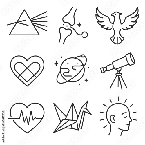 Mind Expansion Icons. Outline style icons of Mind Expansion: prism spectral trail, neuronal synapse jump, rising phoenix bird,
