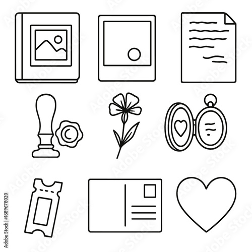 Memory Icons Collection. Outline style icons of Memory: vintage photo album, polaroid snapshot frame, handwritten letter, wax seal