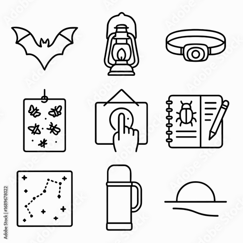 Migration Festival Icons. Outline style icons of Migration Festival: bat flight silhouette, cave tour lantern, red light headlamp,