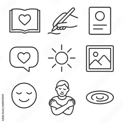 Mental Recovery Icons. Outline style icons of Mental Recovery: gratitude journal book, mindful pen stroke, daily reflection card,