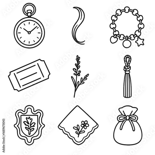Memory Keepsakes Icons. Outline style icons of Memory Keepsakes: pocket-watch heirloom, lock of baby hair, silver charm bracelet,