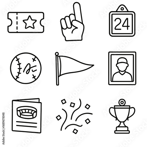 Memory Keepsakes Icons. Outline style icons of Memory Keepsakes: sports championship ticket, foam finger corner, stadium seat tag,