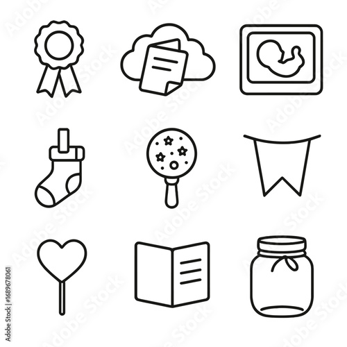 Memory Keepsake Icons. Outline style icons of Memory Keepsakes: baby shower ribbon, wish card cloud, ultrasound photo frame, tiny