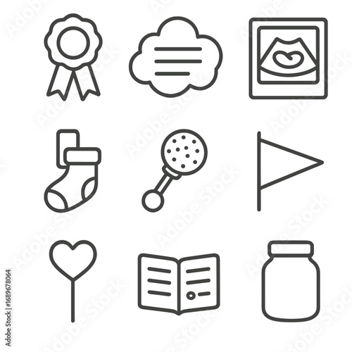 Memory Keepsake Icons. Outline style icons of Memory Keepsakes: baby shower ribbon, wish card cloud, ultrasound photo frame, tiny
