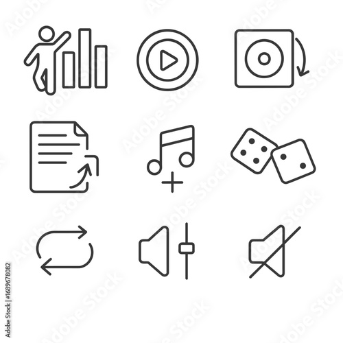 Microinteraction Icon Set. Outline style icons of Microinteraction: music beat bar dance, play tap ripple, album art flip, lyric