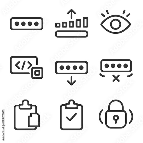 Microinteraction Icon Set. Outline style icons of Microinteraction: password type dots, strength meter grow, visibility eye blink,