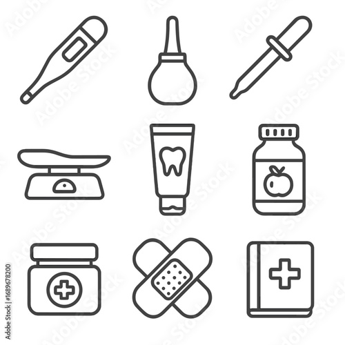 Baby Health Icons. Line style icons of baby health items: thermometer, nasal aspirator, baby medicine dropper, baby scale,