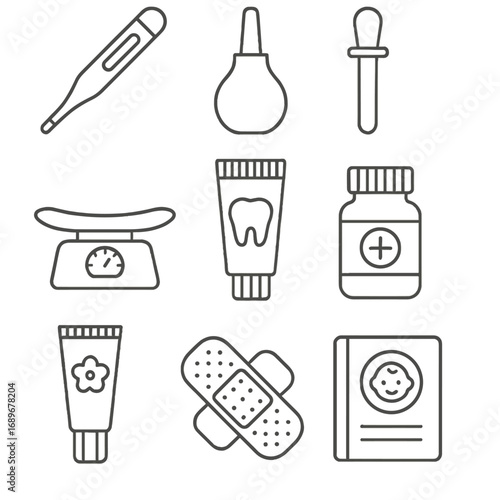 Baby Health Icons. Line style icons of baby health items: thermometer, nasal aspirator, baby medicine dropper, baby scale,