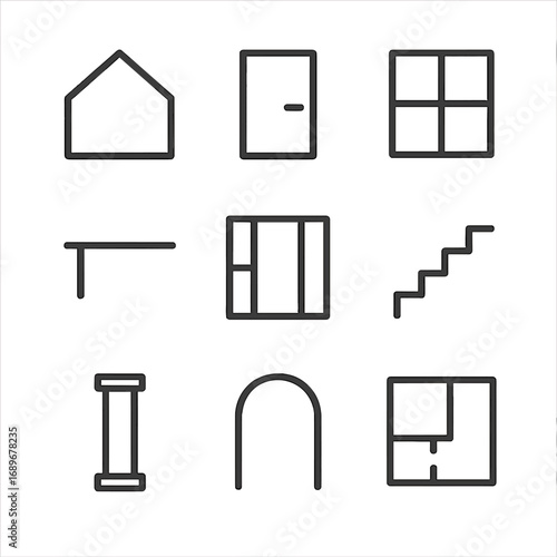 Minimal Architectural Icons. Line style icons of simplified architecture elements: minimal house shape, outline door, clean window