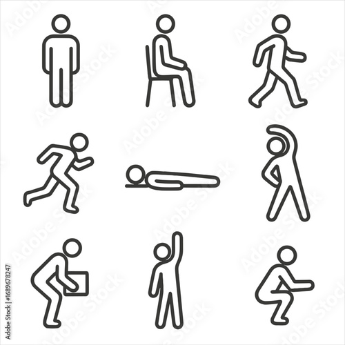 Human Posture Icons. Line style icons of common human postures: standing figure, sitting position, walking person, running pose,