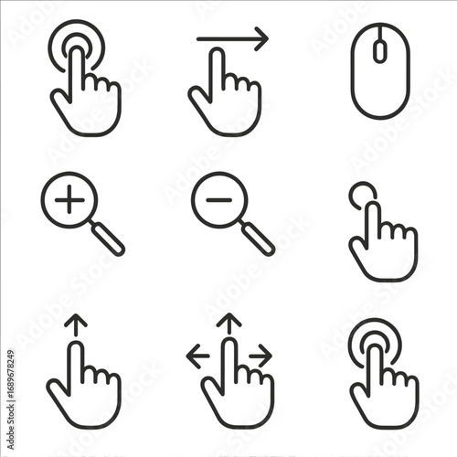 Digital Icon Gestures. Line style icons of pure digital interaction: tap gesture, swipe icon, scroll wheel, zoom in, zoom out,
