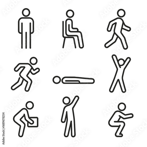 Human Posture Icons. Line style icons of common human postures: standing figure, sitting position, walking person, running pose,