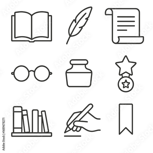 Literary Icons Line Art. Line style icons of world literature elements: open book, quill pen, parchment scroll, reading glasses,