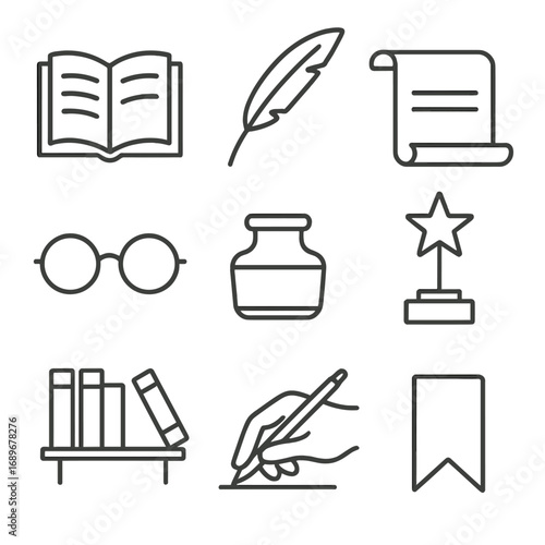 Literary Icons Line Art. Line style icons of world literature elements: open book, quill pen, parchment scroll, reading glasses,