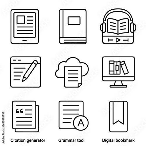 Literary Digital Tools Icons. Line style icons of literary digital tools: e-reader icon, book app, audiobook player, writing