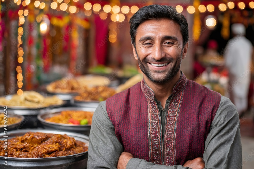 Obraz premium Indian chef smiling with arms crossed in front of food stall at night market