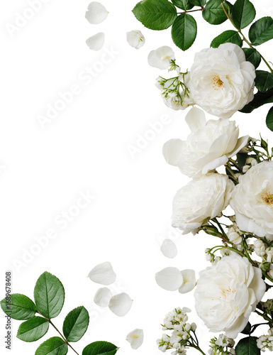White roses and greenery frame