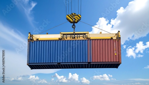 Cargo container being lifted by crane against a partly cloudy sky