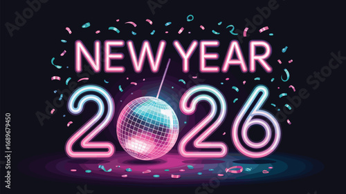 New Year 2026 Disco Ball Neon Sign with Confetti and Glowing Numbers