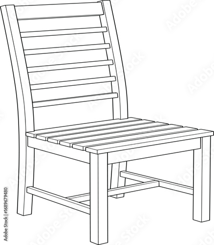 Wooden chair, black and white, slatted seat, line drawing, classic furniture, ergonomic design, home decor, vector illustration, minimalist style