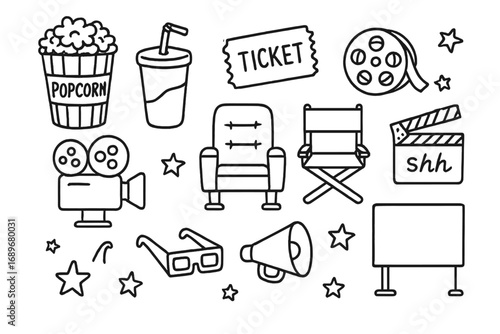 Movie Night Icons. Movie night doodle icon set: hand drawn icons of popcorn, soda cup, movie ticket, film reel, projector, cinema