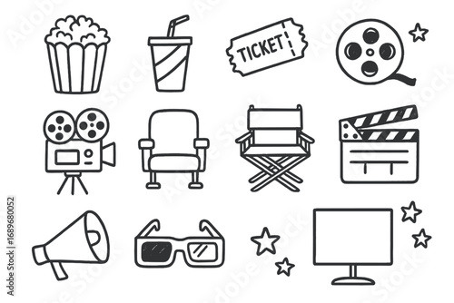 Movie Night Icons. Movie night doodle icon set: hand drawn icons of popcorn, soda cup, movie ticket, film reel, projector, cinema