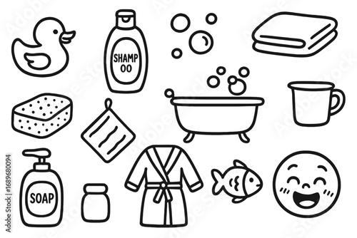 Kids' Bath Time Icons. Kids bath time doodle icon set: hand drawn icons of rubber duck, baby shampoo, bubbles, towel, bathtub,