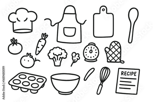 Kids Cooking Doodle. Kids cooking class doodle icon set: hand drawn icons of mini chef hat, apron, cutting board, wooden spoon,